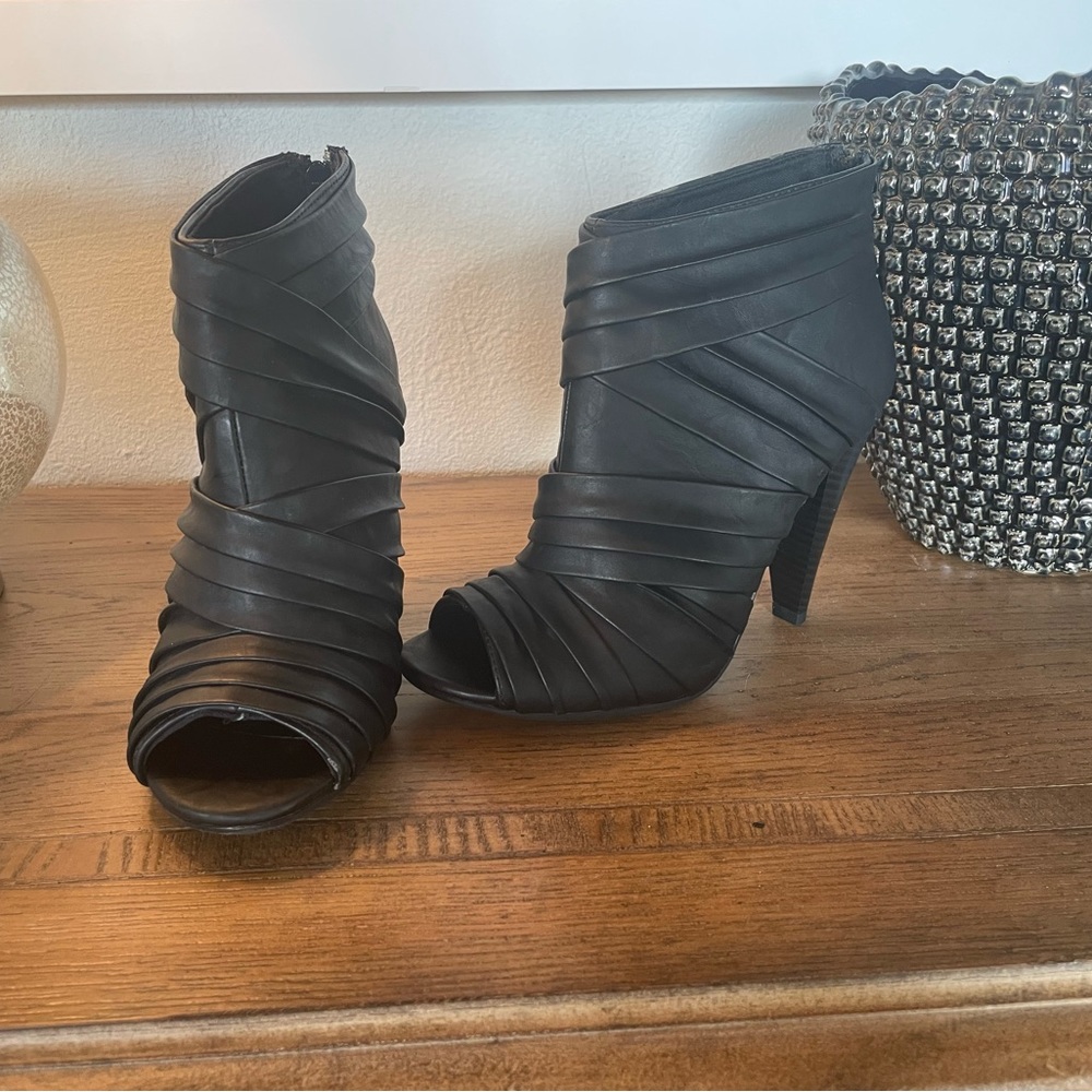 Black Faux Leather Wrap Booties